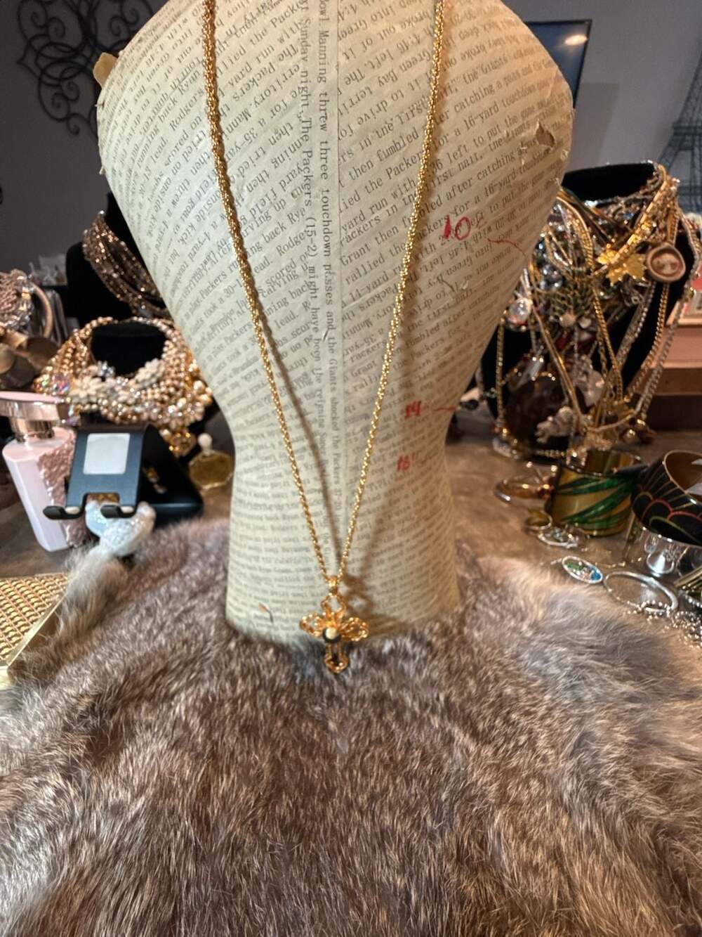 Vintage Gold Tone Cross Pendant Necklace With Coin Center